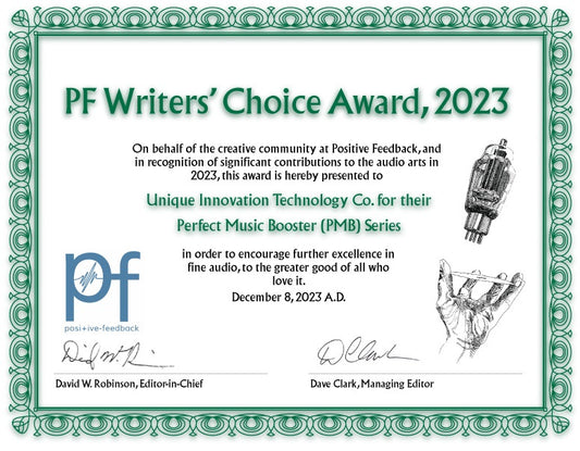 The 20th Annual Positive Feedback Writers Choice Award for 2023 for Unique Innovation Technology Perfect Music Booster (PMB) Series. PMB USB cable and PMB Stick